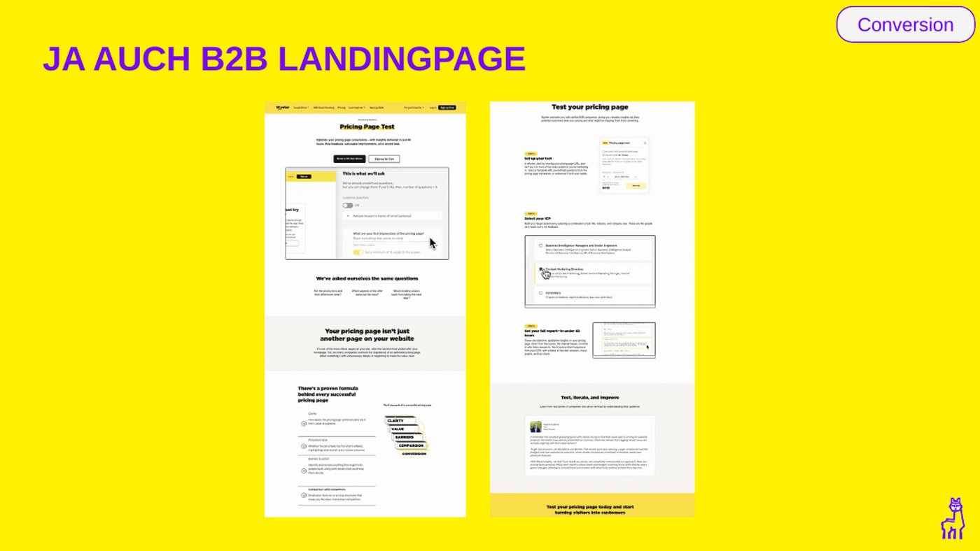 Auch im B2B lohnt der Test: zwei Varianten einer Pricing-Landingpage im Vergleich, aus dem Webinar-Deck.