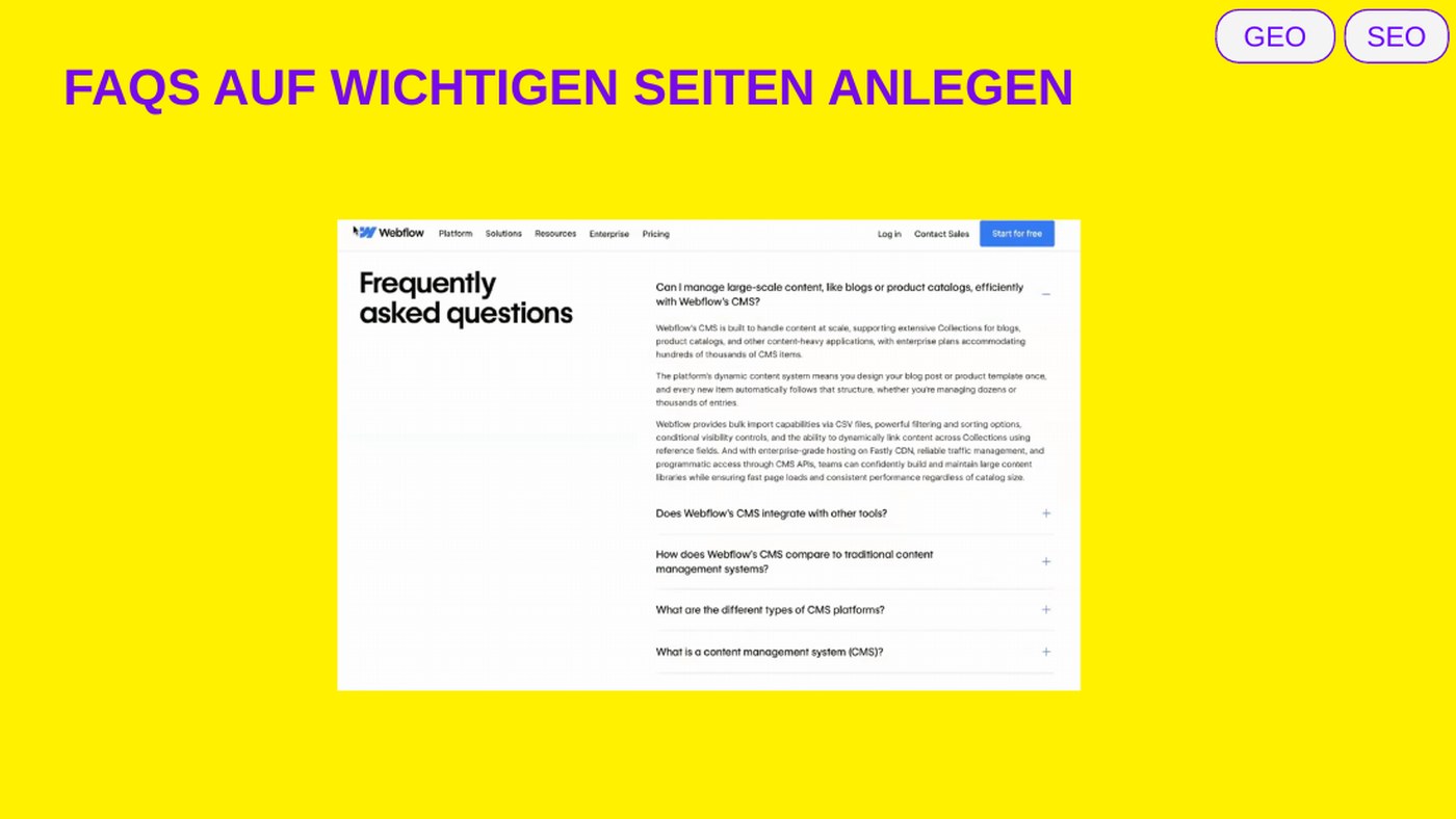 FAQ-Block direkt auf einer wichtigen Einzelseite, nicht nur auf der FAQ-Seite, aus dem Webinar-Deck.