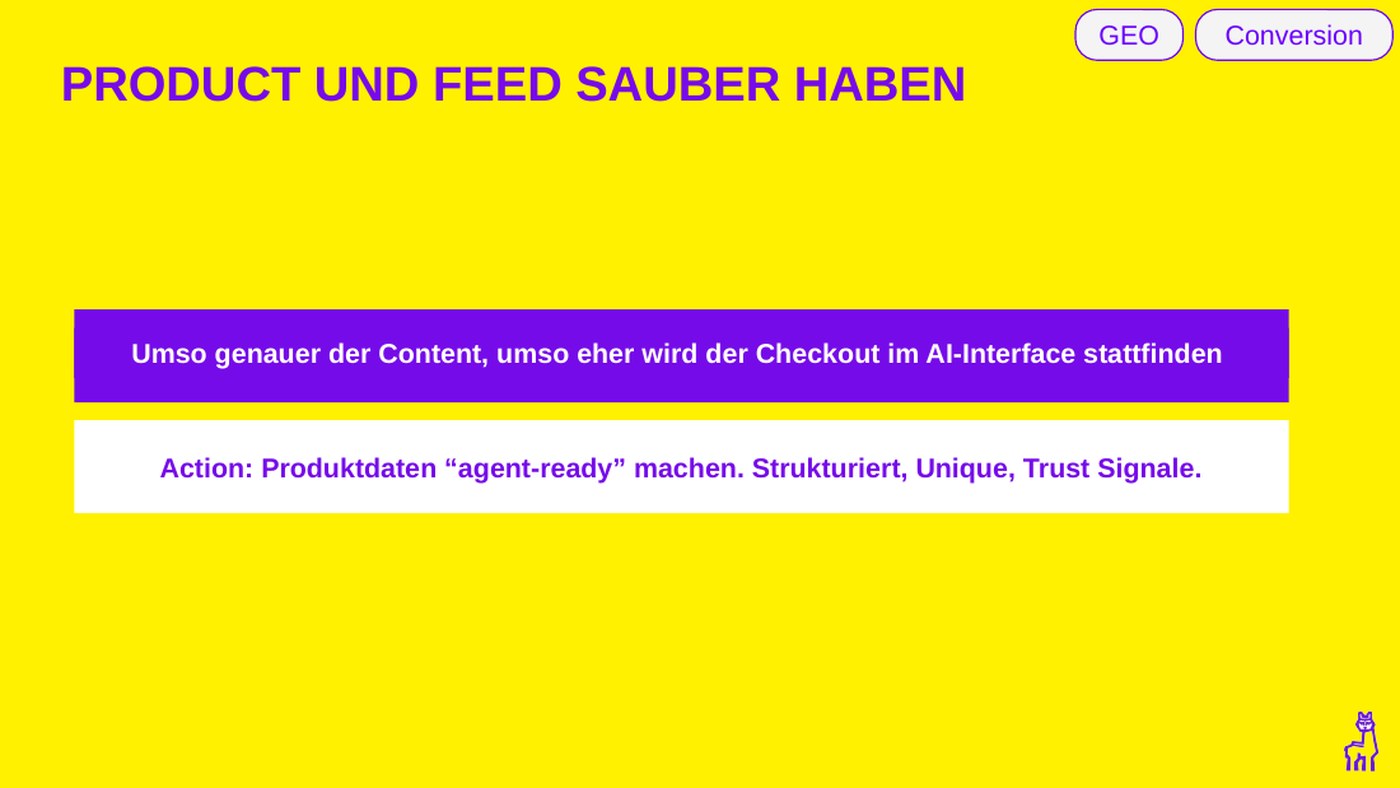 Produktdaten &bdquo;agent-ready&ldquo; machen: strukturiert, einzigartig, mit Trust-Signalen, aus dem Webinar-Deck.