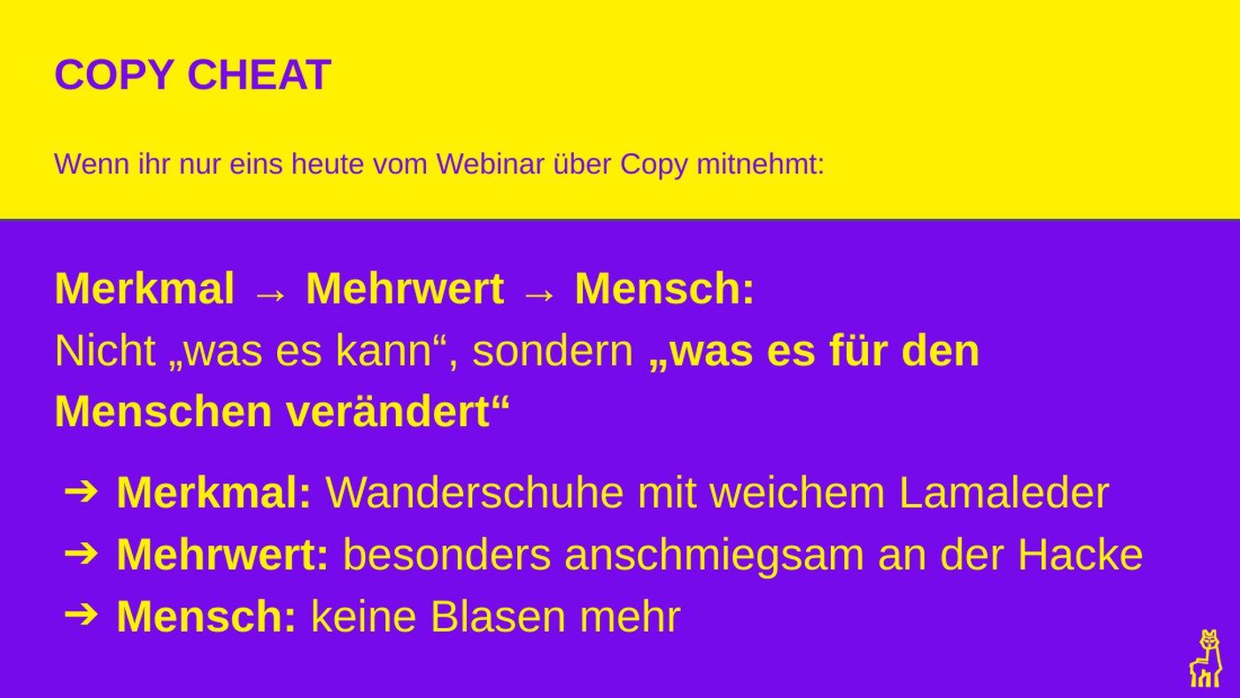 Slide aus dem Webinar: Merkmal, Mehrwert, Mensch am Beispiel Wanderschuhe