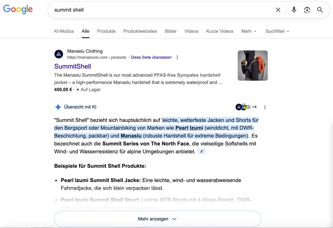 Google-Suchergebnis mit KI-Übersicht, die einen Blogartikel als Quelle zitiert