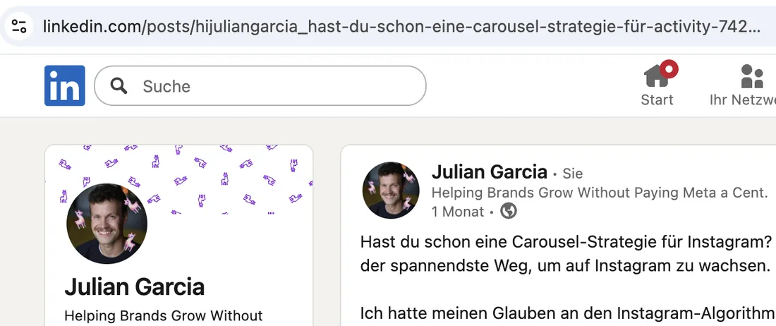 LinkedIn-Beitrag, dessen erste Wörter in der URL des Beitrags erscheinen