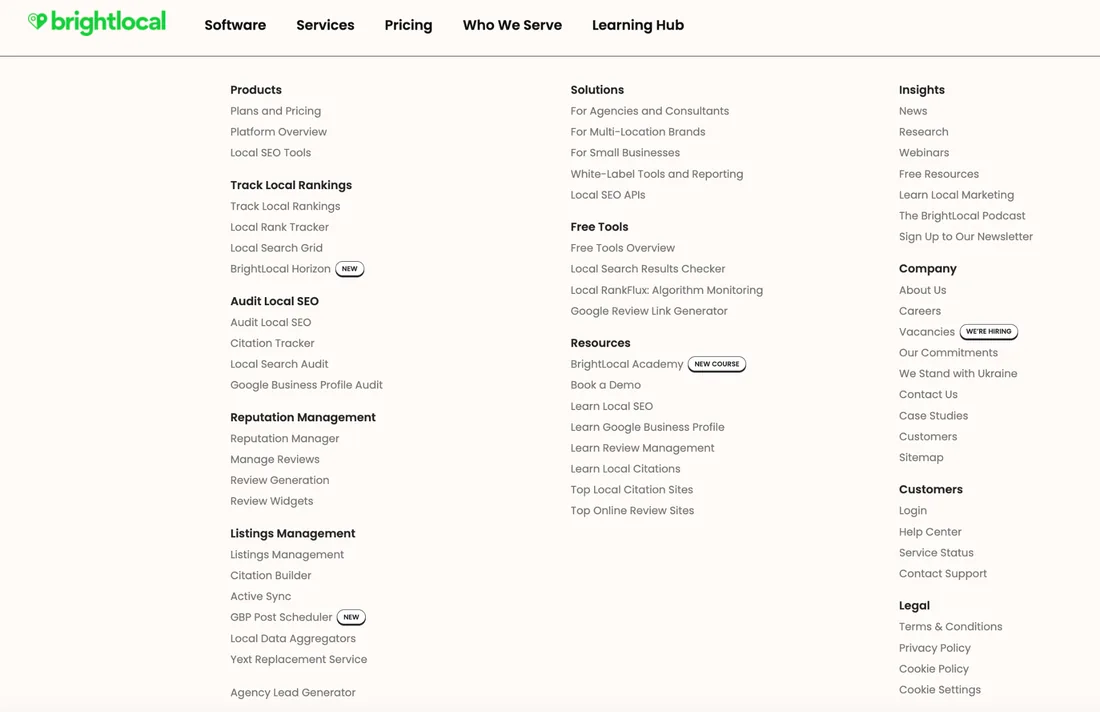 Navigationsmenü von BrightLocal mit einem eigenen Bereich für Research, Webinare und freie Tools